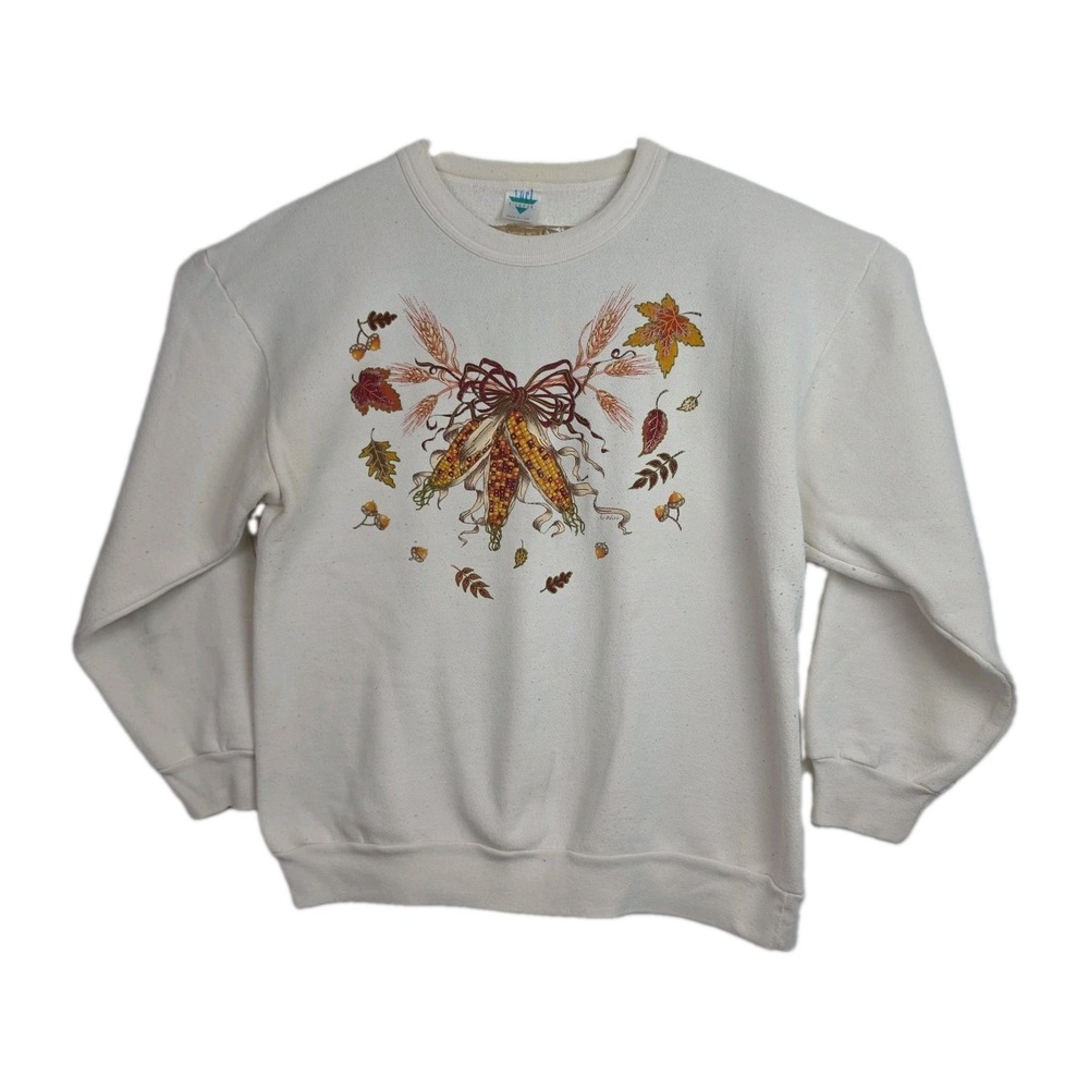 VTG Yuri Autumn Sweatshirt Women's XL White, Corn & Leaves‎ Graphic Print